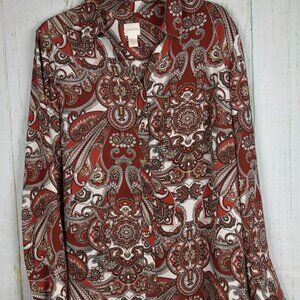 Chico's Rust Paisley Long Sleeve Top Button Front Size 2